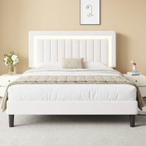 Amolife Queen Bed Frame, Platform Bed with LED Light Velvet Vertical Channel Upholstered Headboard, White