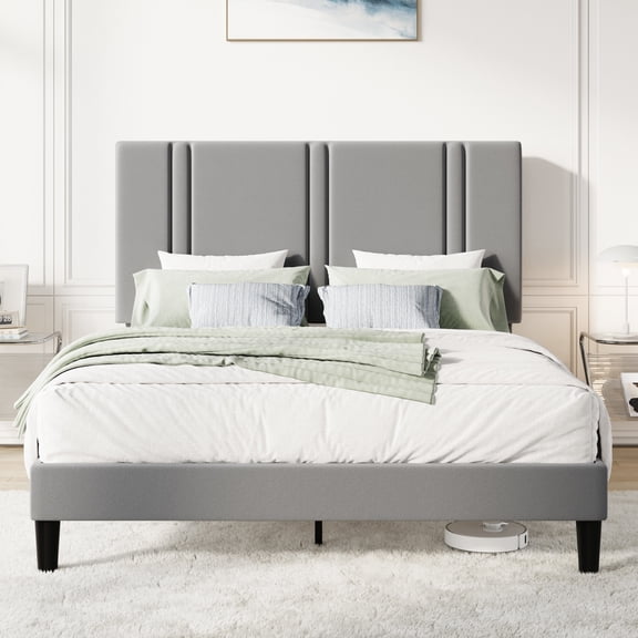 Amolife Queen Bed Frame, Platform Bed with Upholstered Velvet Adjustable Headboard, Wooden Slats, Easy Assembly, Grey