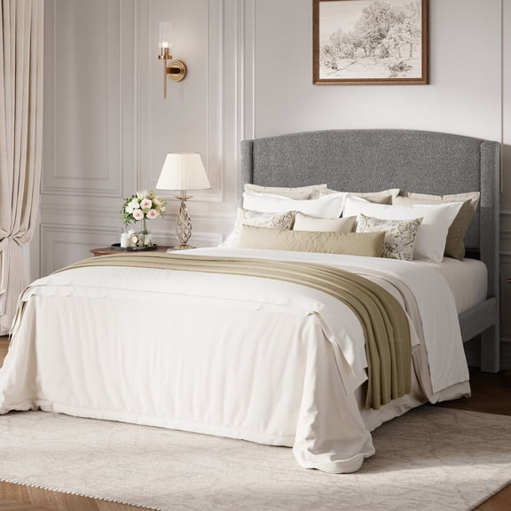 Amolife Queen Bed Frame, Platform Upholstered Bed with Soft Teddy Fabric Curved Headboard, Grey