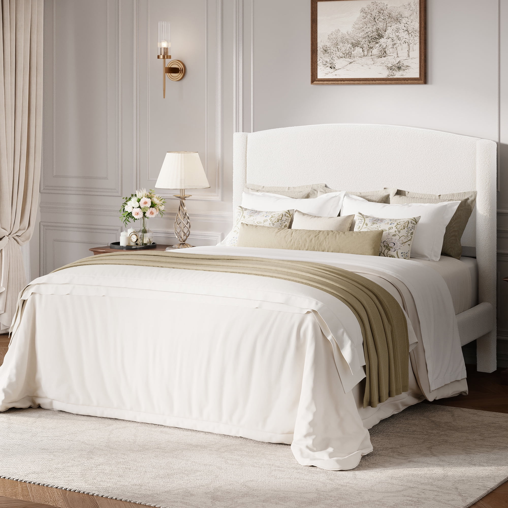 Amolife Queen Bed Frame, Platform Upholstered Bed with Soft Teddy Fabric Curved Headboard, White