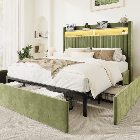 Amolife Queen Bed Frame, Ultra-Soft Velvet Upholstered Storage Bed with 2 Shelves LED Wingback Headboard, 3 Drawers & USB Ports, Green
