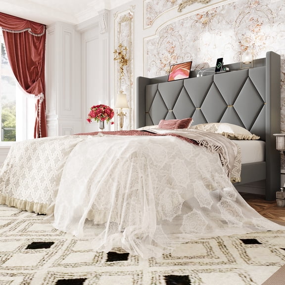 Amolife Queen Bed Frame, Upholstered Platform Bed with Storage Wingback Headboard and Fast Charging Hub, No Box Spring Required, Gray