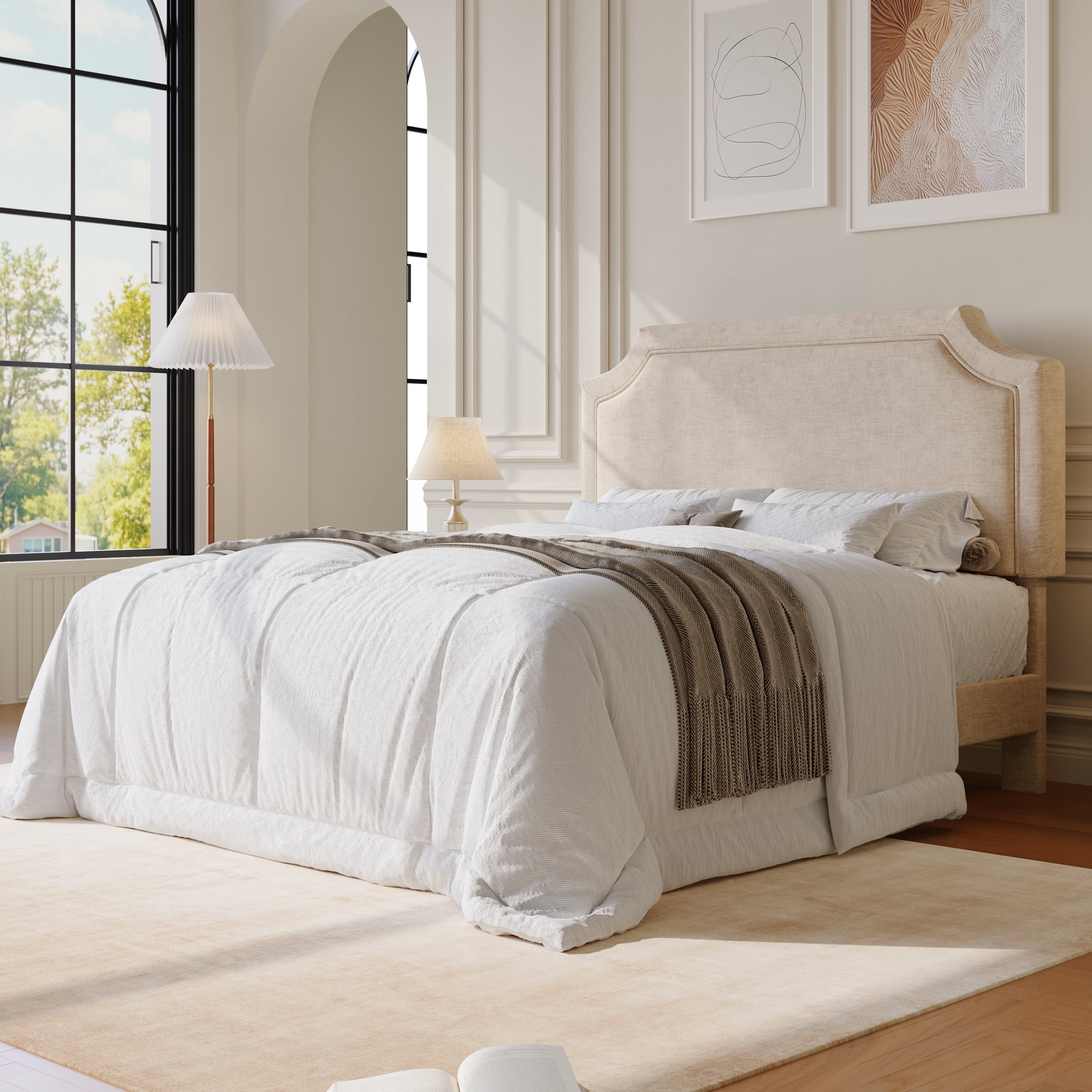Amolife Queen Bed Frame, Upholstered Platform Bed with Streamlined Adjustable Headboard, No Box Spring Required, Beige, Chenille Fabric
