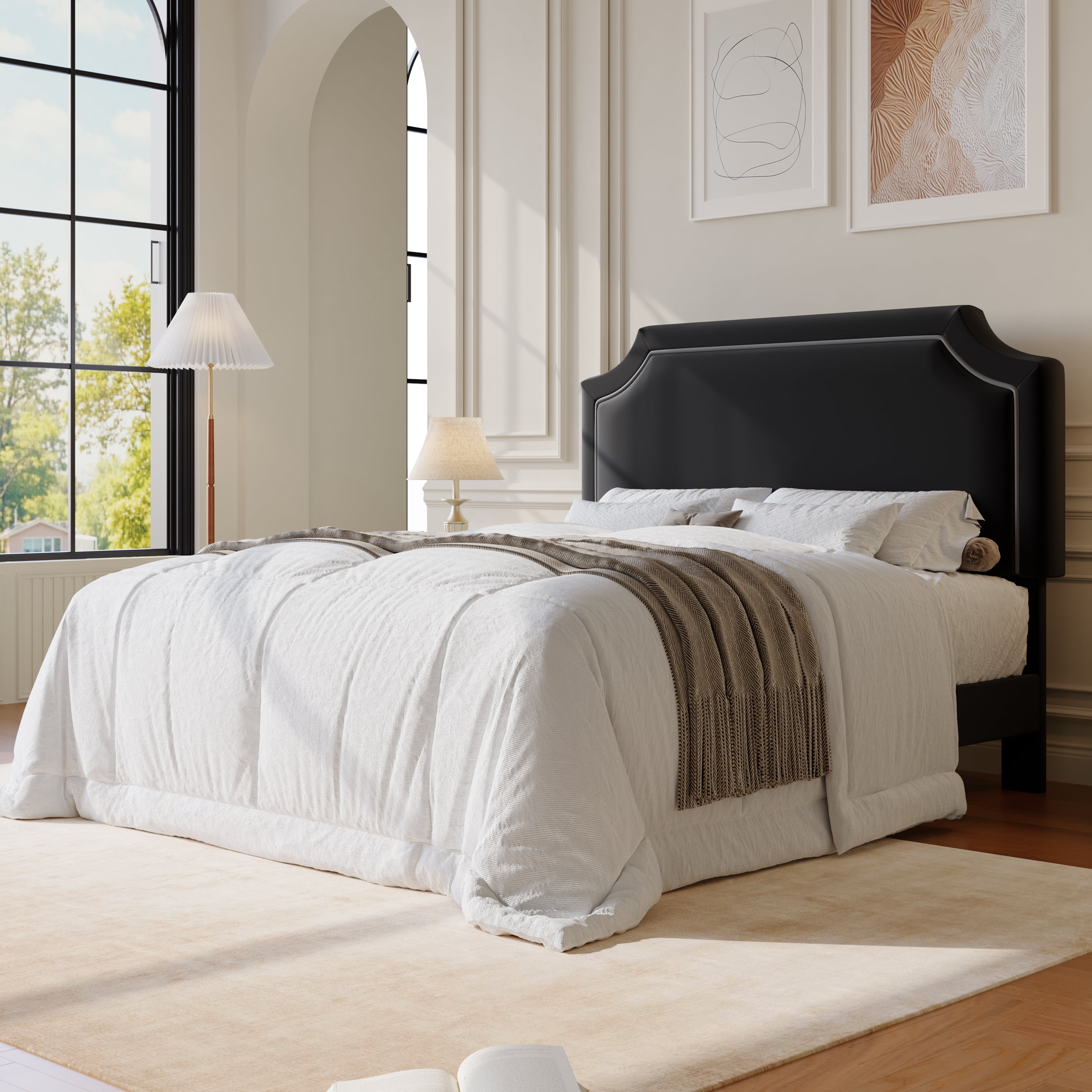 Amolife Queen Bed Frame, Upholstered Platform Bed with Streamlined Adjustable Headboard, No Box Spring Required, Black, Velvet