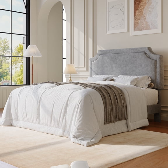 Amolife Queen Bed Frame, Upholstered Platform Bed with Streamlined Adjustable Headboard, No Box Spring Required, Grey, Chenille Fabric