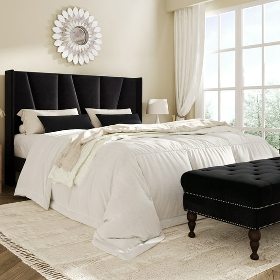 Amolife Queen Bed Frame, Upholstered Platform Bed with Wingback and Geometric Headboard, Black
