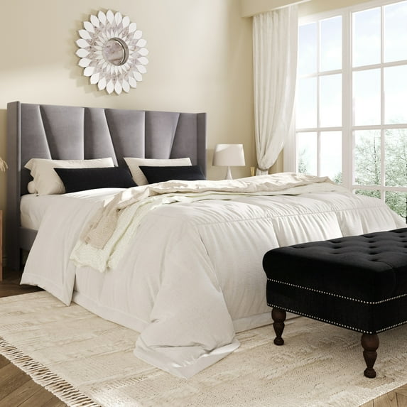 Amolife Queen Bed Frame, Upholstered Platform Bed with Wingback and Geometric Headboard, Gray