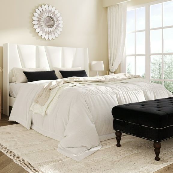 Amolife Queen Bed Frame, Upholstered Platform Bed with Wingback and Geometric Headboard, White