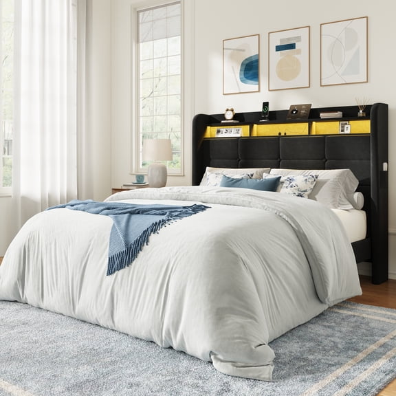 Amolife Queen Bed Frame, Velvet Upholstered Bed with 2 Shelves LED Wingback Headboard, USB Ports Charging Station, Black