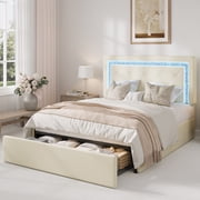 Amolife Queen Bed Frame, Velvet Upholstered Storage Bed with Adjustable Diamond-Tufted Smart LED Headboard, Footboard Drawer, White