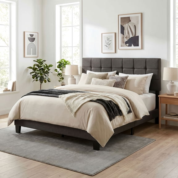 Amolife Queen Bed Frame with 3-Level Adjustable Headboard, Easy Assembly, Dark Grey