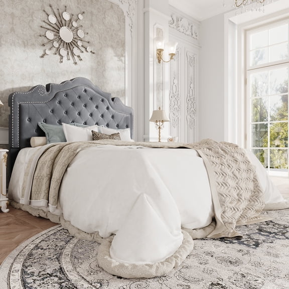 Amolife Queen Bed Frame with Adjustable Crown-Shaped Headboard, Upholstered Platform Bed, No Box Spring Required, Gray