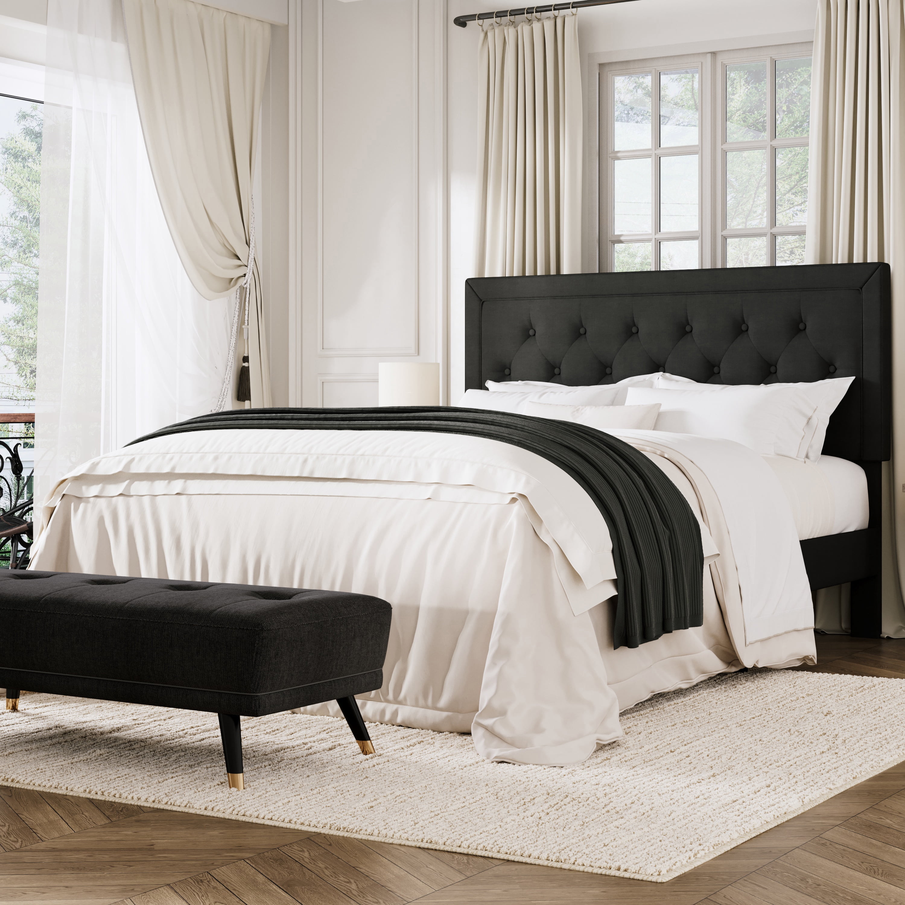 Amolife Queen Bed Frame with Adjustable Headboard, Upholstered Platform Bed, No Box Spring Required, Black