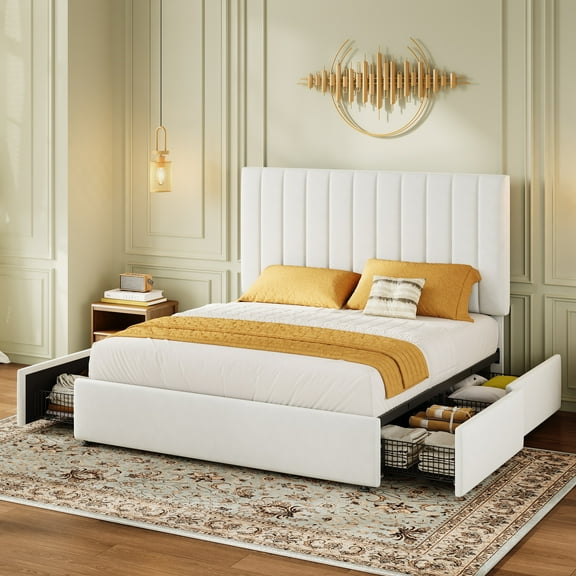 Amolife Queen Bed Frame with Adjustable Velvet-Wrapped Headboard and 4 Storage Drawers, No Box Spring Required, White