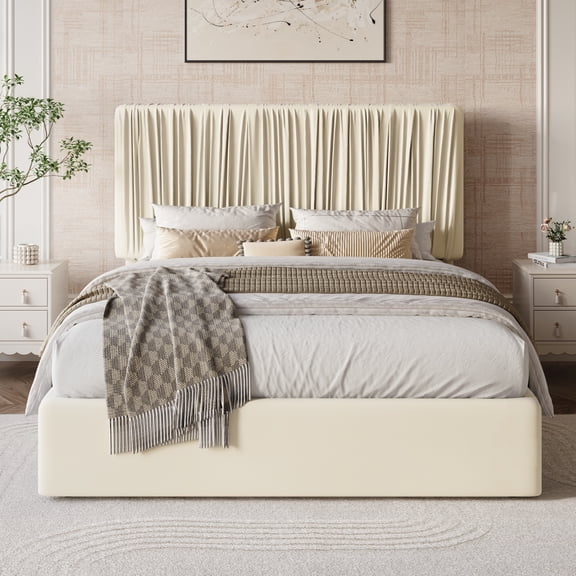 Amolife Queen Bed Frame with Artisanal Pleated Adjustable Headboard, No Box Spring Required, Cream White
