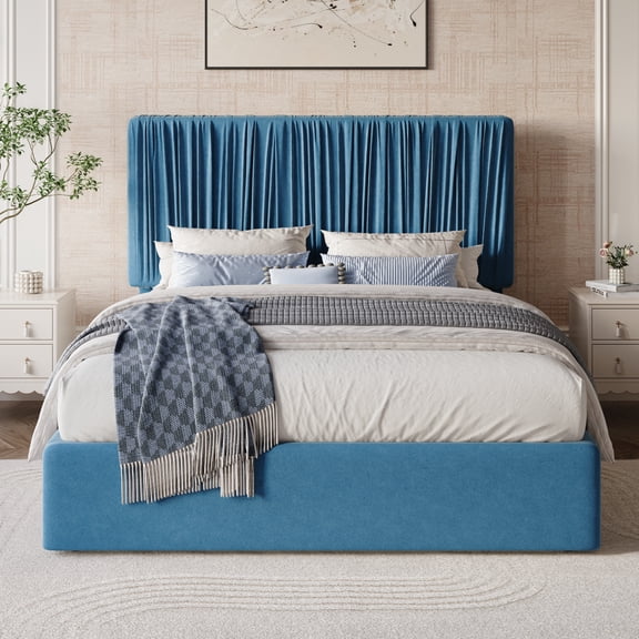 Amolife Queen Bed Frame with Artisanal Pleated Adjustable Headboard, No Box Spring Required, Ice Blue