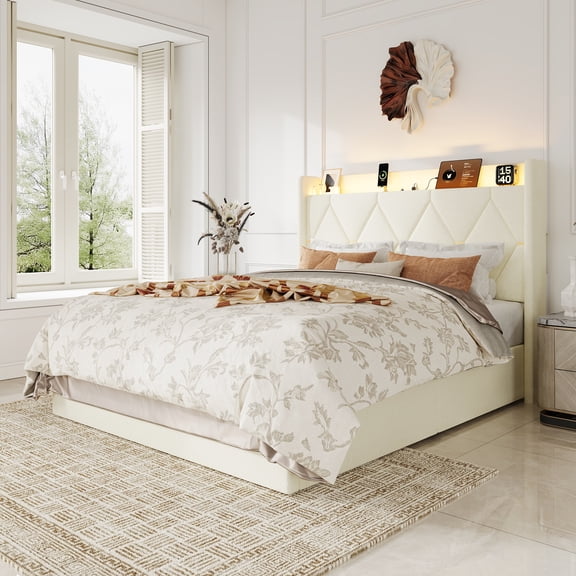 Amolife Queen Bed Frame with Chenille Wingback Headboard, LED Lights, Charging Station & Storage Shelf, No Box Spring Required, Cream White