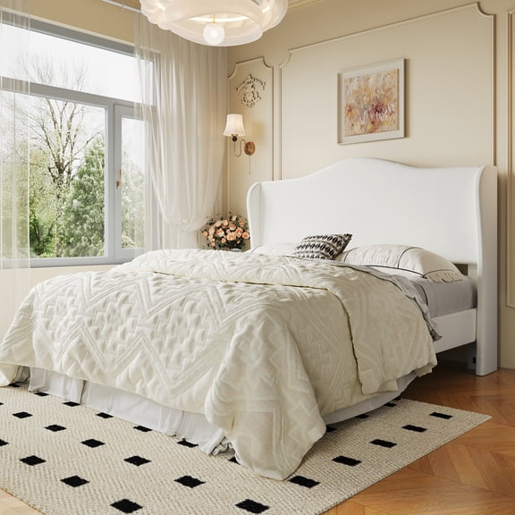Amolife Queen Bed Frame with Crown Upholstered Wingback Headboard, Upgraded Reinforced Frame, No Box Spring Required, White
