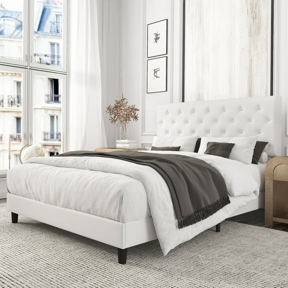 Amolife Queen Faux Leather Upholstered Platform Bed Frame with Adjustable Headboard, Diamond Button Tufted Style, White