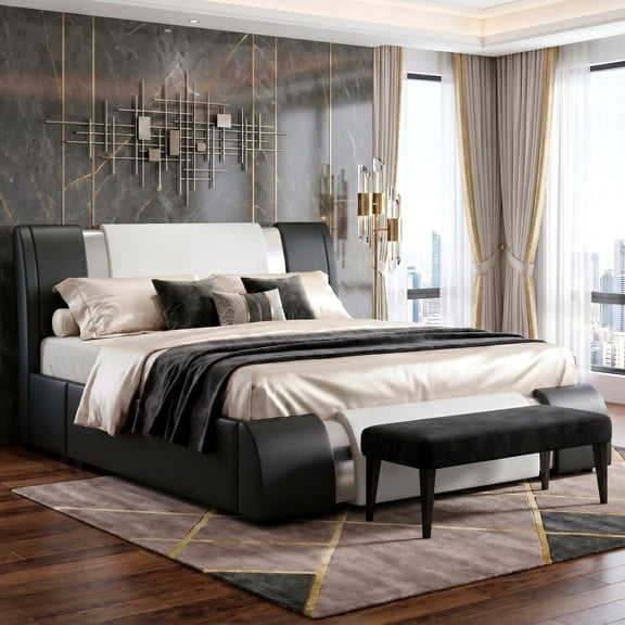Amolife Queen Bed Frame with Iron Pieces Decor and Adjustable Headboard, No Box Spring Needed, Black-White