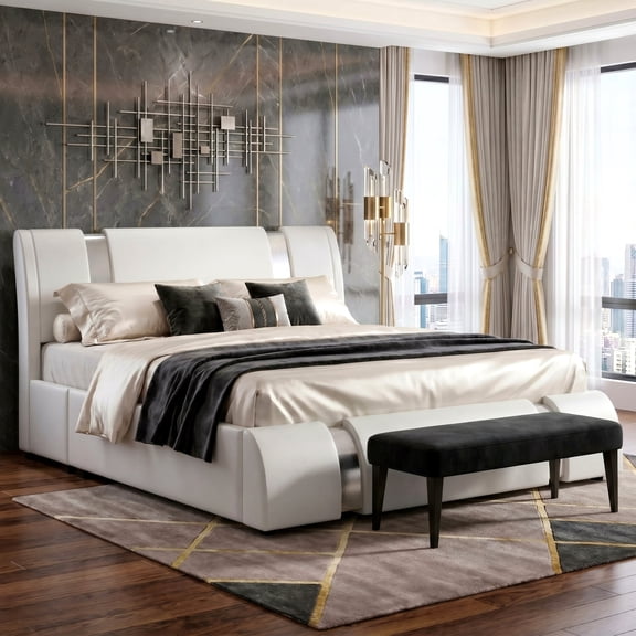 Amolife Queen Bed Frame with Iron Pieces Decor and Adjustable Headboard, No Box Spring Needed, White