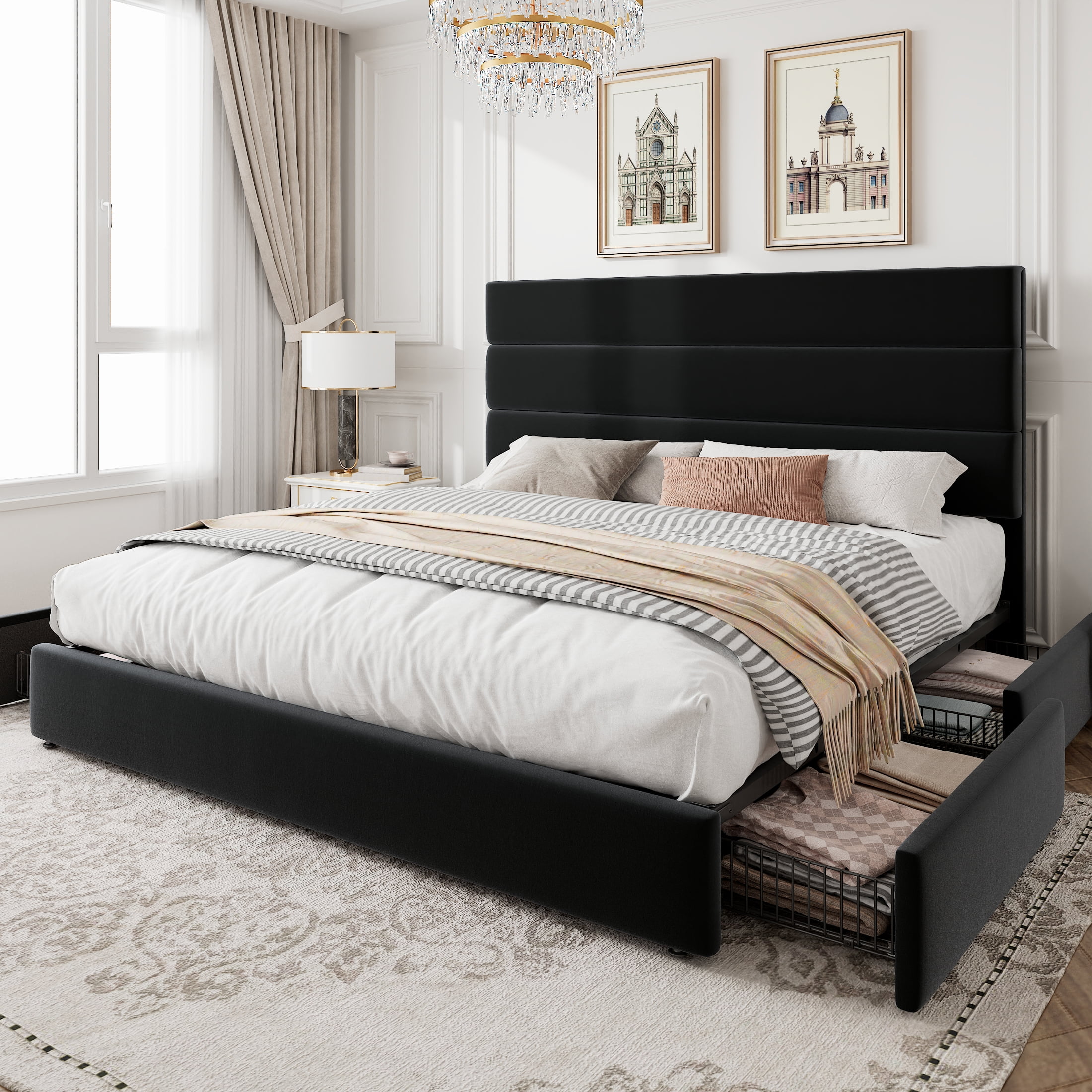 Amolife Queen Size Storage Platform Bed Frame with 4 Drawers & Upholstered Velvet Slat Headboard, Black