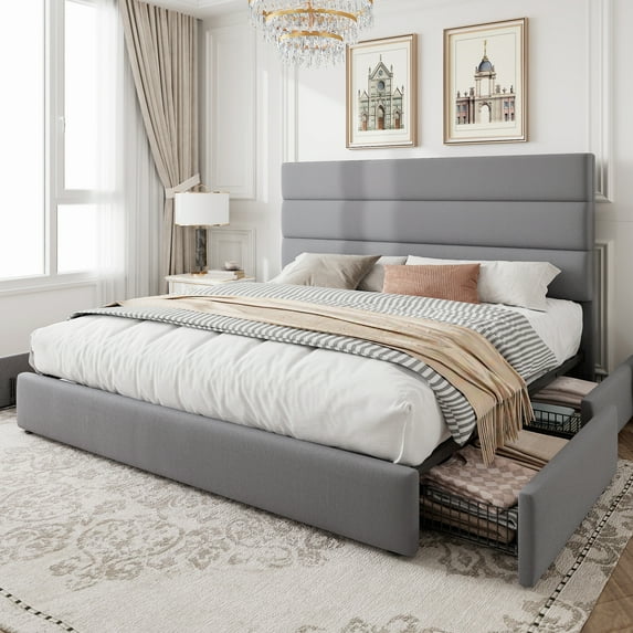 Amolife Queen Size Storage Platform Bed Frame with 4 Drawers & Upholstered Velvet Slat Headboard, Grey