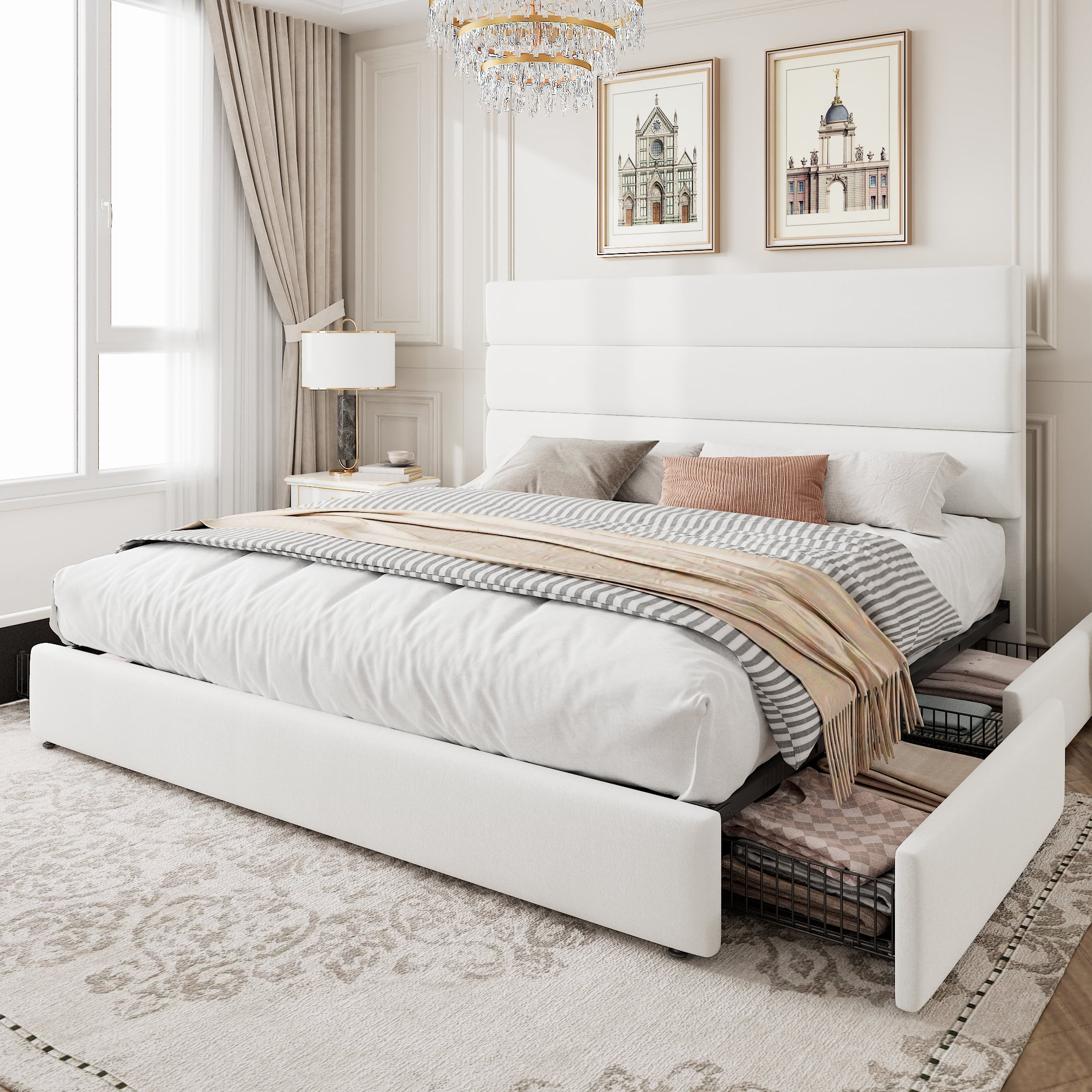 Amolife Queen Size Storage Platform Bed Frame with 4 Drawers & Upholstered Velvet Slat Headboard, White