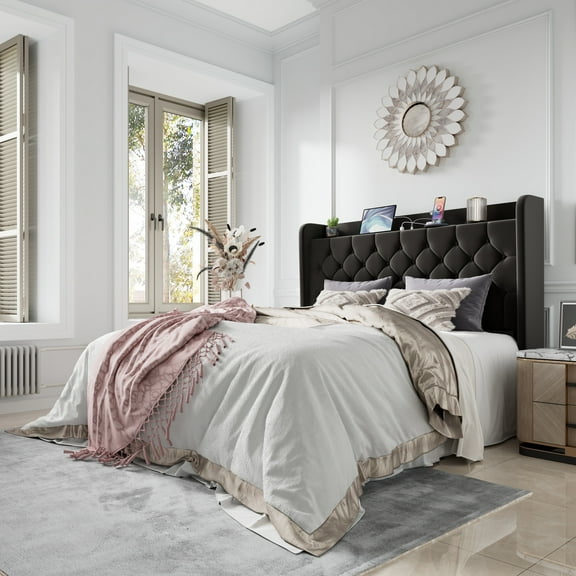 Amolife Queen Bed Frame with Storage Wingback Headboard and Fast Charging Hub, Upholstered Platform Bed, No Box Spring Required, Black