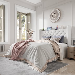 Amolife Queen Bed Frame with Storage Wingback Headboard and Fast Charging Hub, Upholstered Platform Bed, No Box Spring Required, White