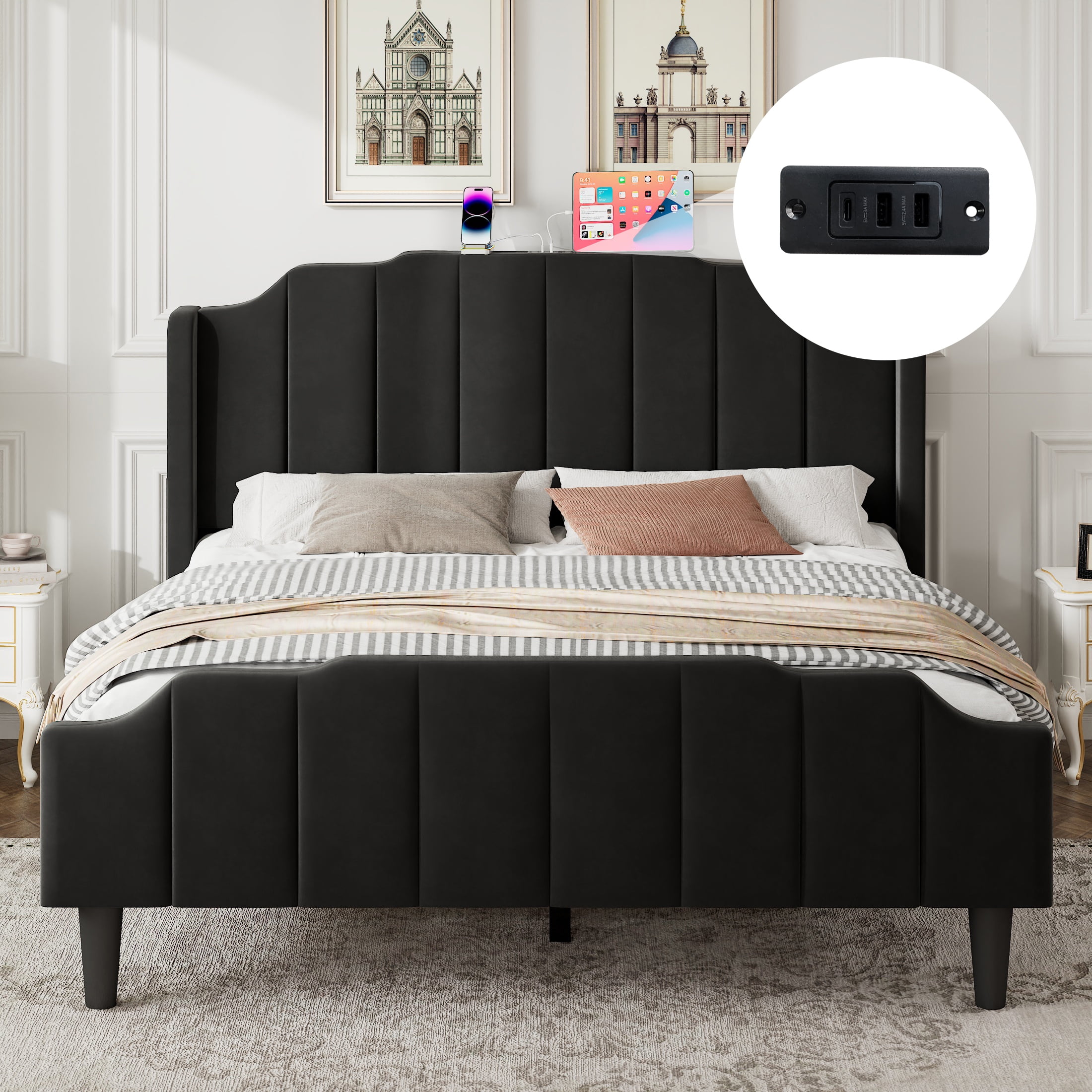 Amolife Queen Size Upholstered Platform Bed Frame with USB Ports & Curved Velvet Wingback Headboard, Black
