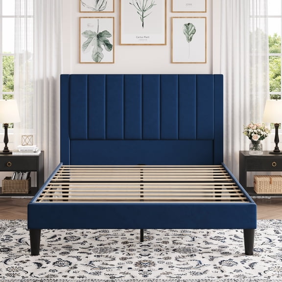 Amolife Queen Bed Frame with Velvet Vertical Stripe Headboard and Extra Panel, Blue