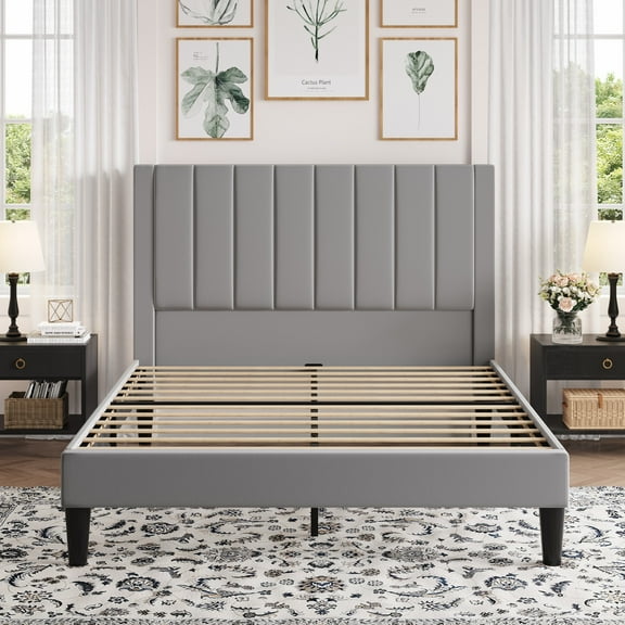 Amolife Queen Bed Frame with Velvet Vertical Stripe Headboard and Extra Panel, Gray