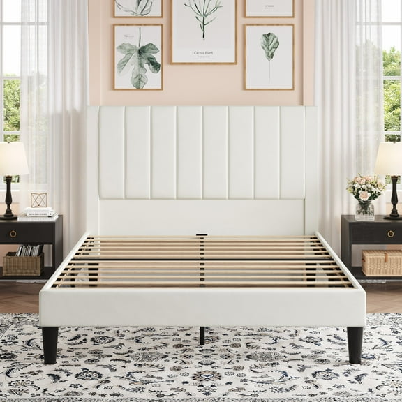 Amolife Queen Bed Frame with Velvet Vertical Stripe Headboard and Extra Panel, White