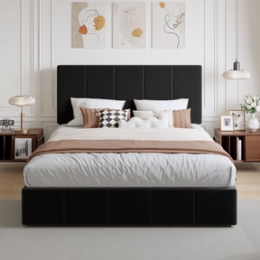 Amolife Queen Dutch Velvet Upholstered Platform Bed Frame with a Vertical-Channel-Tufted, Adjustable Headboard, Black