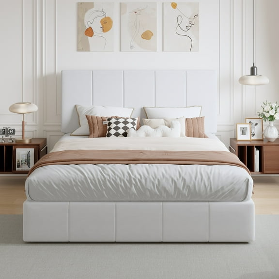 Amolife Queen Dutch Velvet Upholstered Platform Bed Frame with a Vertical-Channel-Tufted, Adjustable Headboard, White