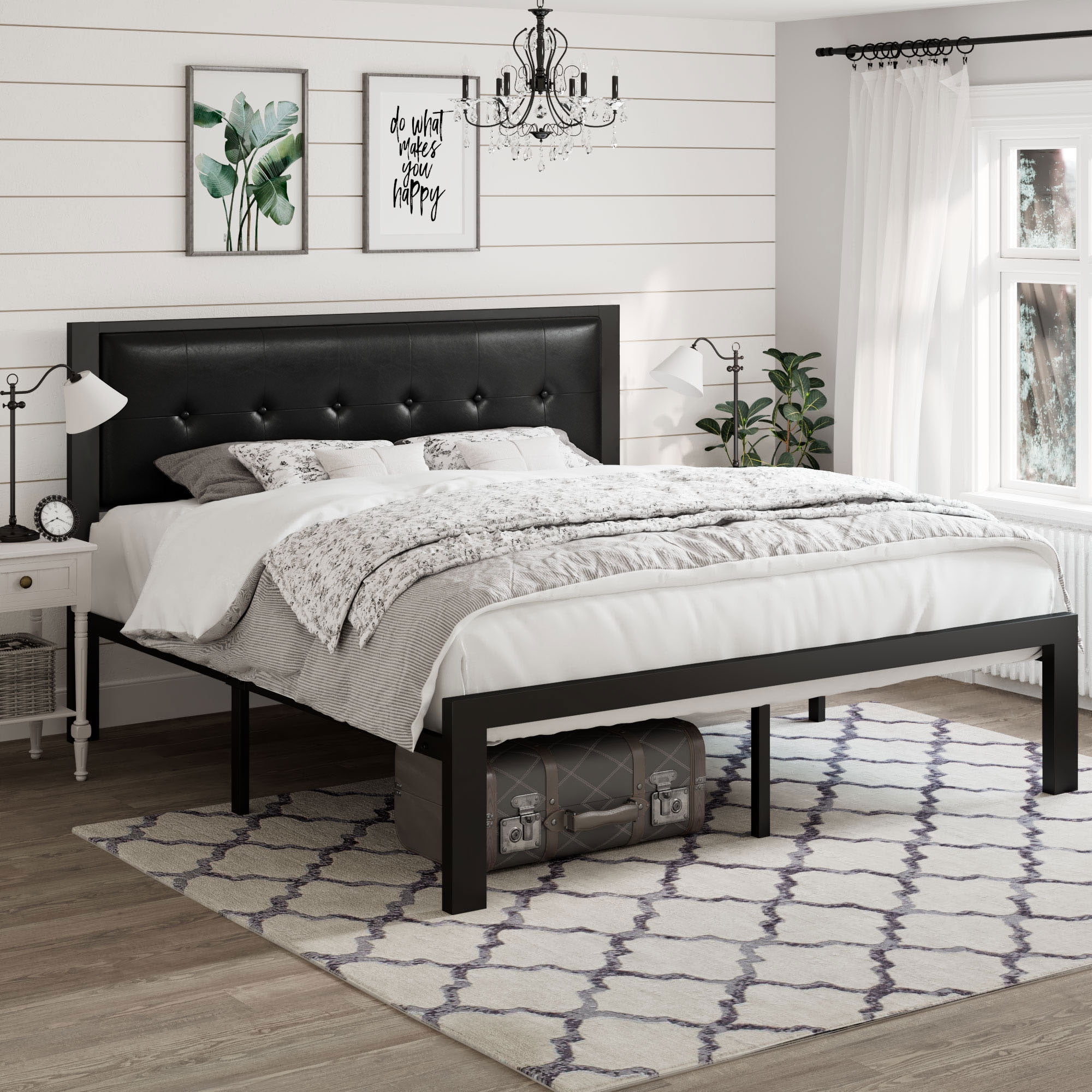 Amolife Queen Size Metal Platform Bed Frame with Faux Leather Button Tufted Upholstered Headboard Black