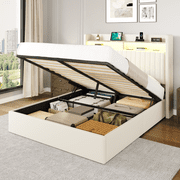 Amolife Queen Hydraulic Lift-Up Storage Bed Frame, LED Headboard with Fast Charging USB/Type-C, 2-Tier Shelves & Velvet Upholstered, Cream