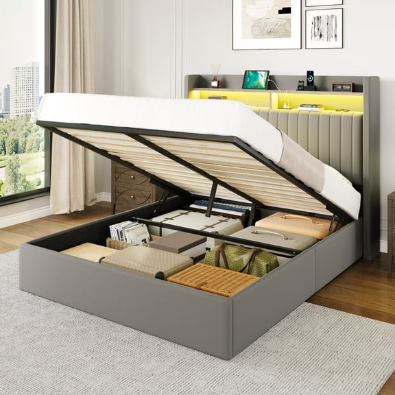 Amolife Queen Hydraulic Lift-Up Storage Bed Frame, LED Headboard with Fast Charging (USB/Type-C), 2-Tier Shelves & Velvet Upholstered, Gray