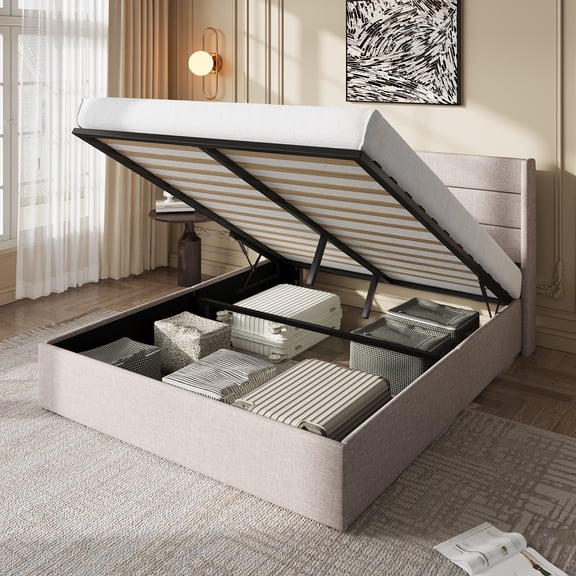 Amolife Queen Lift Up Storage Bed Frame, Three-Panel Wingback Headboard, Ample Storage Space, No Box Spring Needed, Beige