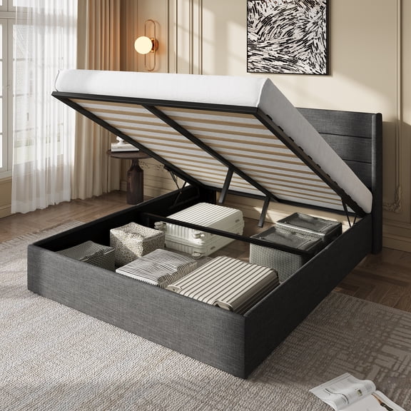Amolife Queen Lift Up Storage Bed Frame, Three-Panel Wingback Headboard, Ample Storage Space, No Box Spring Needed, Dark Gray