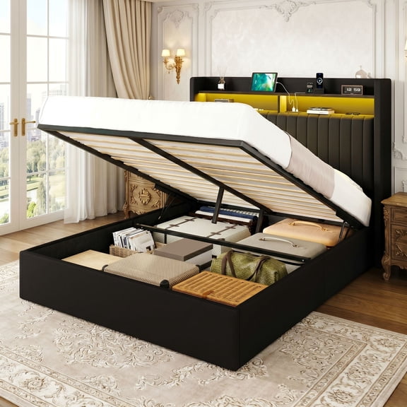 Amolife Queen Lift Up Storage Bed Frame with LED Wingback Headboard, Fast Charging Station and 2-Tier Storage Shelves, Black