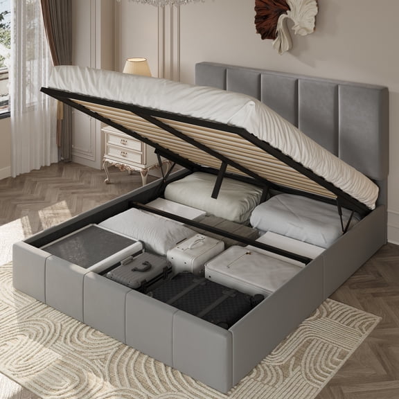 Amolife Queen Lift Up Storage Bed Frame with Velvet Adjustable Headboard and Ample Storage Space, No Box Spring Needed, Gray