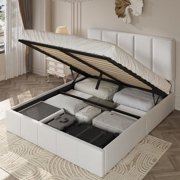 Amolife Queen Lift Up Storage Bed Frame with Velvet Adjustable Headboard and Ample Storage Space, No Box Spring Needed, White