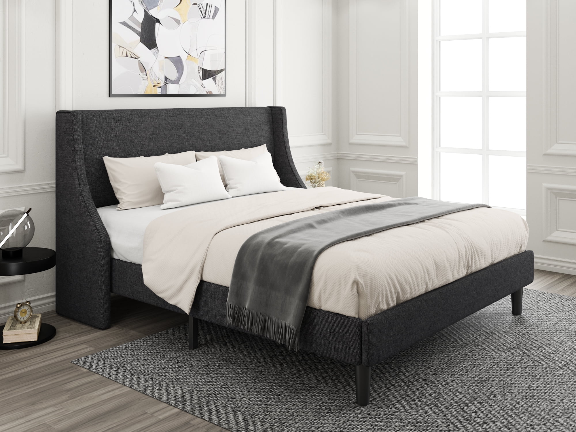 Amolife Queen Size Modern Platform Upholstered Bed Frame with Deluxe Wingback, Deep Grey