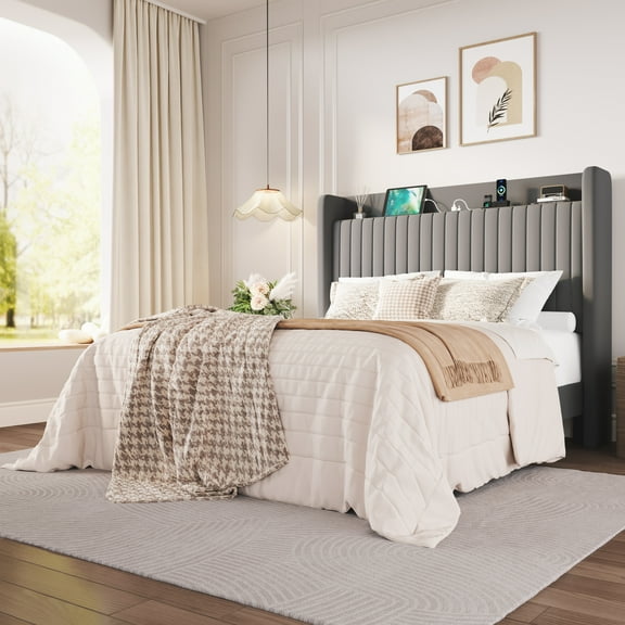 Amolife Queen Size Bed Frame with Advanced 4-in-1 Charging Hub (2 AC Outlets, 1 Type-C, 1 USB) & Storage Shelf, Upholstered Velvet Wingback Headboard, Gray