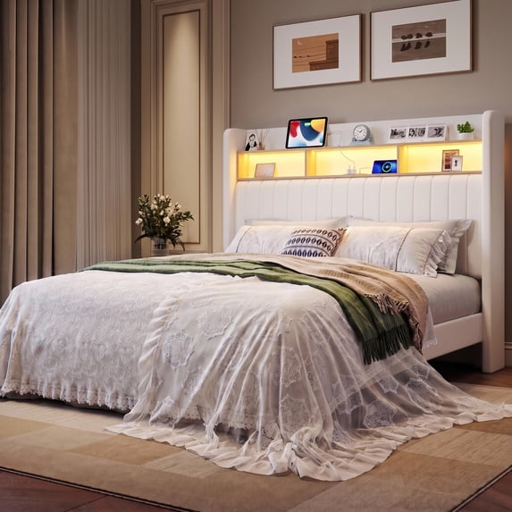Amolife Queen Size Bed Frame, Platform Bed with RGB LED Lights & Charging Station, Velvet Wingback Headboard, Easy Assembly, No Box Spring Needed, White