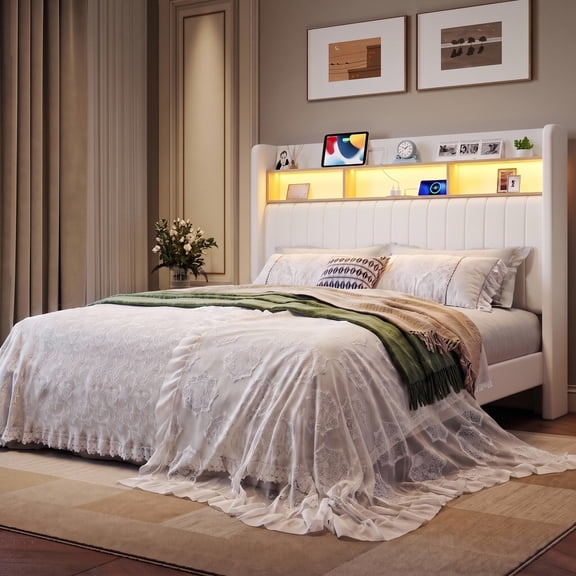 Amolife Queen Size Bed Frame, Platform Bed with RGB LED Lights & Charging Station, Velvet Wingback Headboard, Easy Assembly, No Box Spring Needed, White