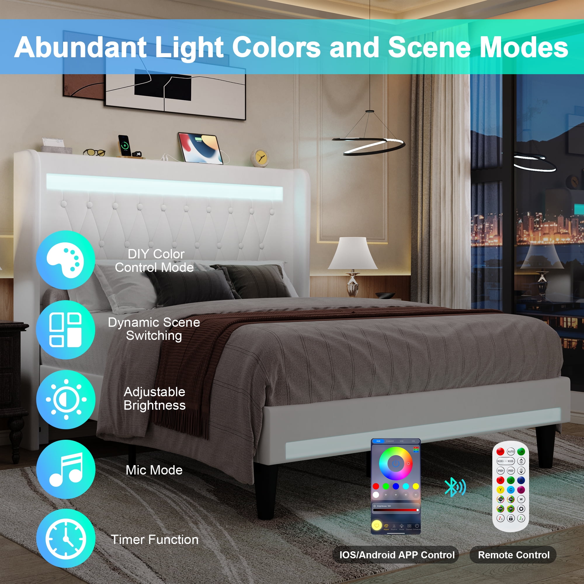 Amolife Queen Size LED Bed Frame, Upholstered Velvet Platfrom Bed with Charging Station, High Wingback Headboard & 2 Lights, No Box Spring Needed, 900 LBS Capacity, White