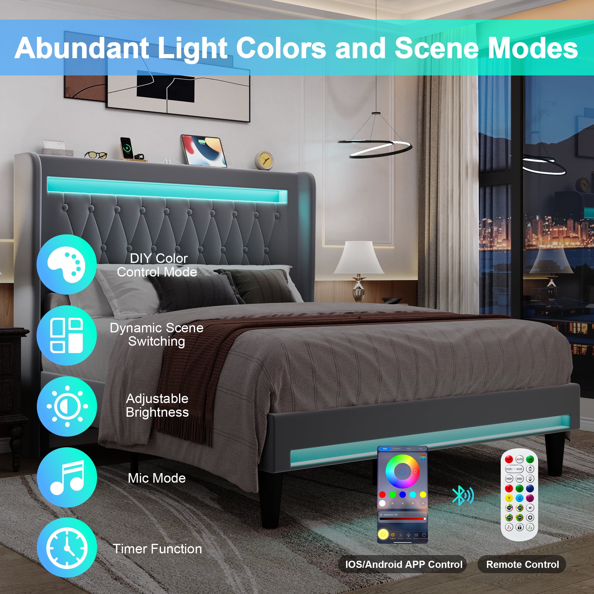 Amolife Queen Size LED Bed Frame, Upholstered Velvet Platfrom Bed with Charging Station, High Wingback Headboard & 2 Lights, No Box Spring Needed, 900 LBS Capacity, Gray